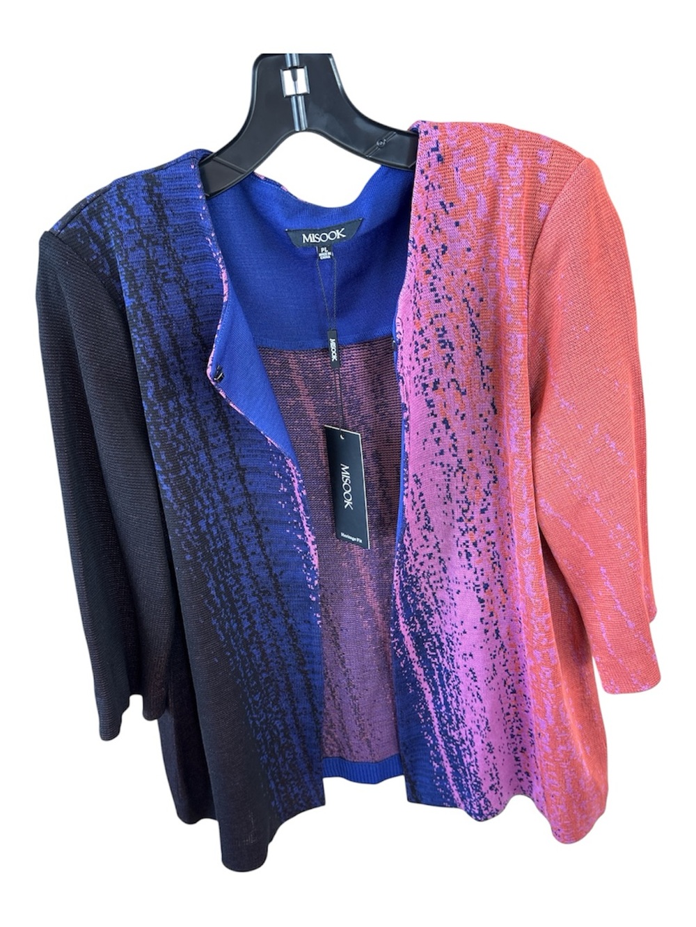 Misook Colorblock Open-Front Knit Cardigan in Blue and Coral-Pink